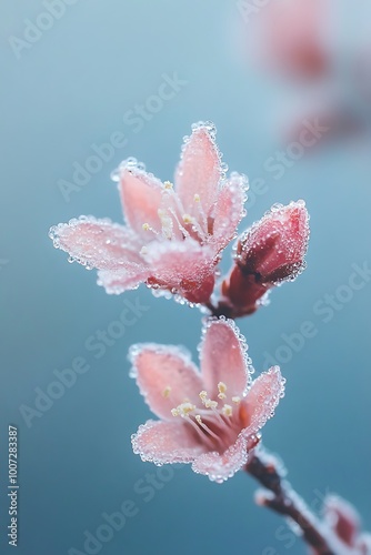 Delicate Pink Flowers with Water Drops on Petals, Spring Bloom