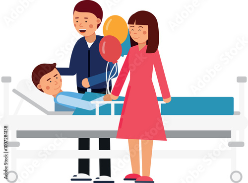 Parents visit kid in hospital with balloons. Ill child illustration