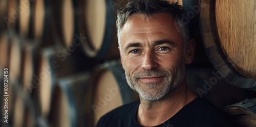 Mature Caucasian man smiling in a wine cellar, with oak barrels in the background.