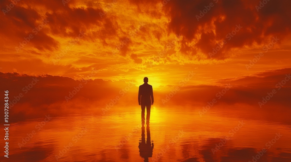 A man stands alone on a beach at sunset A man stands alone on a beach at sunset