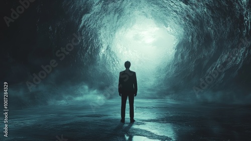 A man stands in a cave with a dark blue background