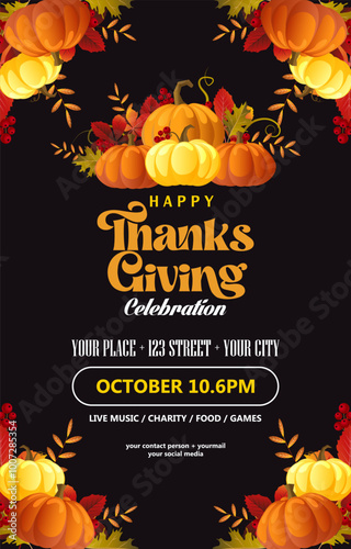 Happy Thanksgiving day celebration poster template with pumpkins  foliage and autumn leaves