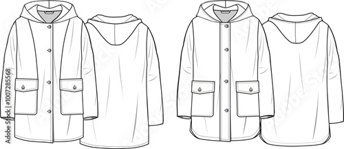Unisex Hooded Coat. Technical fashion illustration. Front and back, white color. Unisex CAD mock-up.