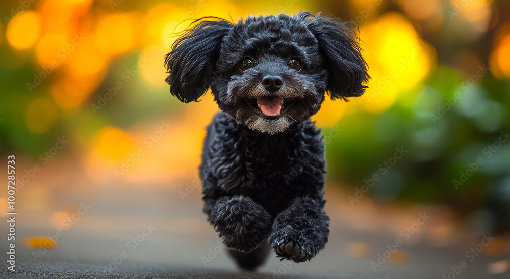 A black poodle is running on a sidewalk. The dog is happy and he is enjoying itself A black poodle is running on a sidewalk. The dog is happy and he is enjoying itself