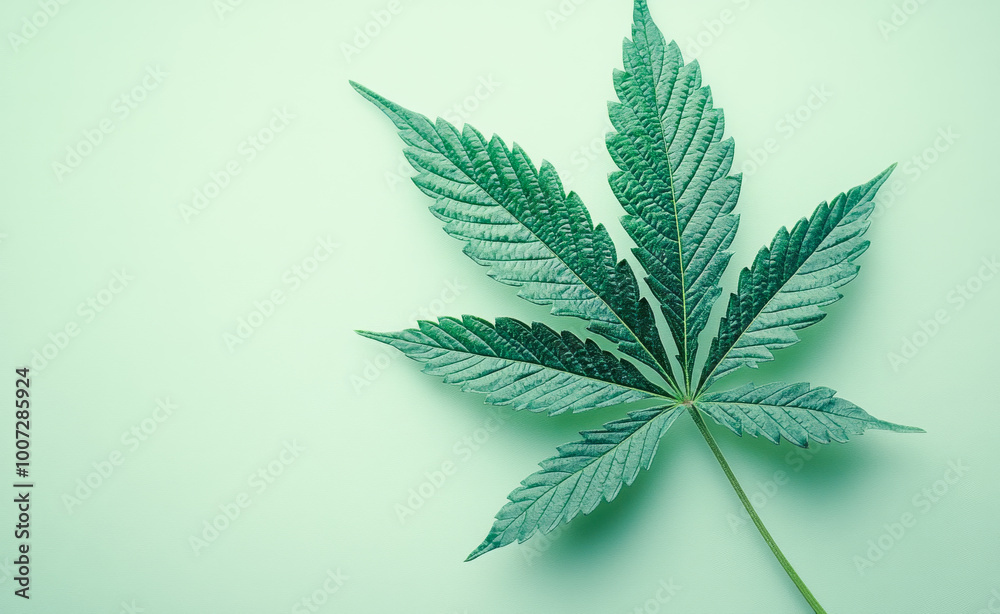 A leaf of a marijuana plant is shown on a green background. The leaf is large and has a distinct shape. Concept of natural beauty and the potential for medicinal use