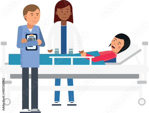 Patient lay on hospital bed with doctor and nurse around