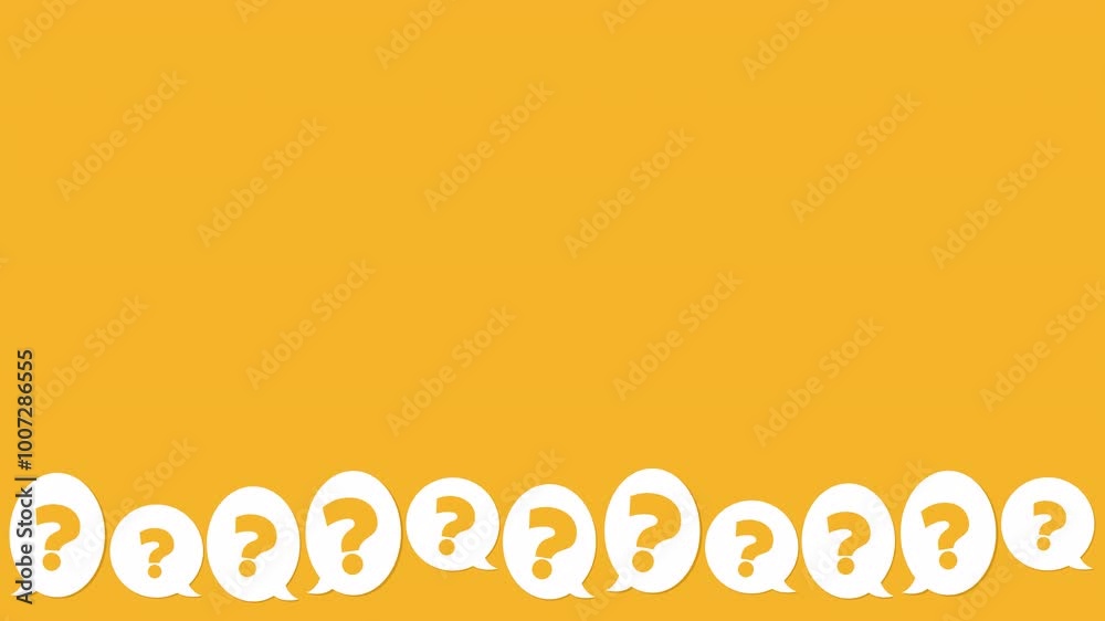 A simple, clean motion design of white question marks in speech bubbles. Perfect for presentations, websites, or social media posts related to questions, FAQs, or customer support.