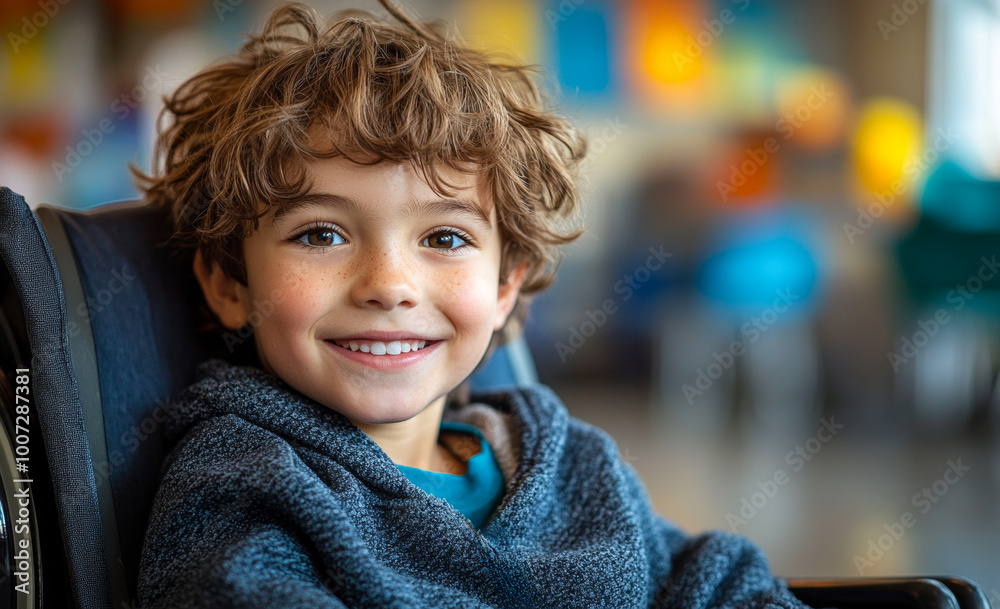A young boy with a smile on his face is sitting in a wheelchair. He is wearing a blue hoodie and he is happy A young boy with a smile on his face is sitting in a wheelchair. He is wearing a blue hoodie and he is happy