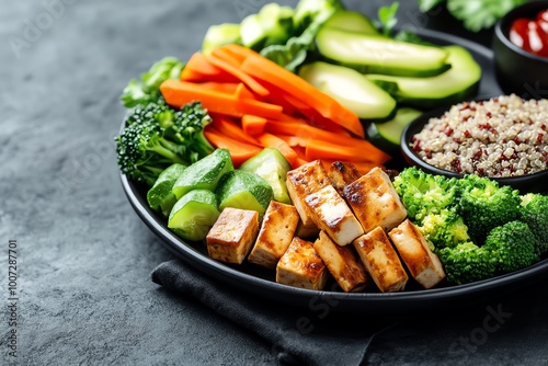 A blood type diet plate for Type A, featuring plant-based proteins like tofu, quinoa, and a variety of vegetables, offering a healthy, vegetarian-friendly option.