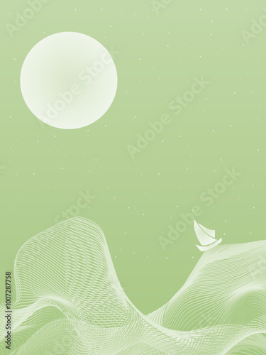 Abstract vector illustration. Minimalist landscape poster with moon, waves, sea and lonely ship.
Prints, decoration, web, graphic design.