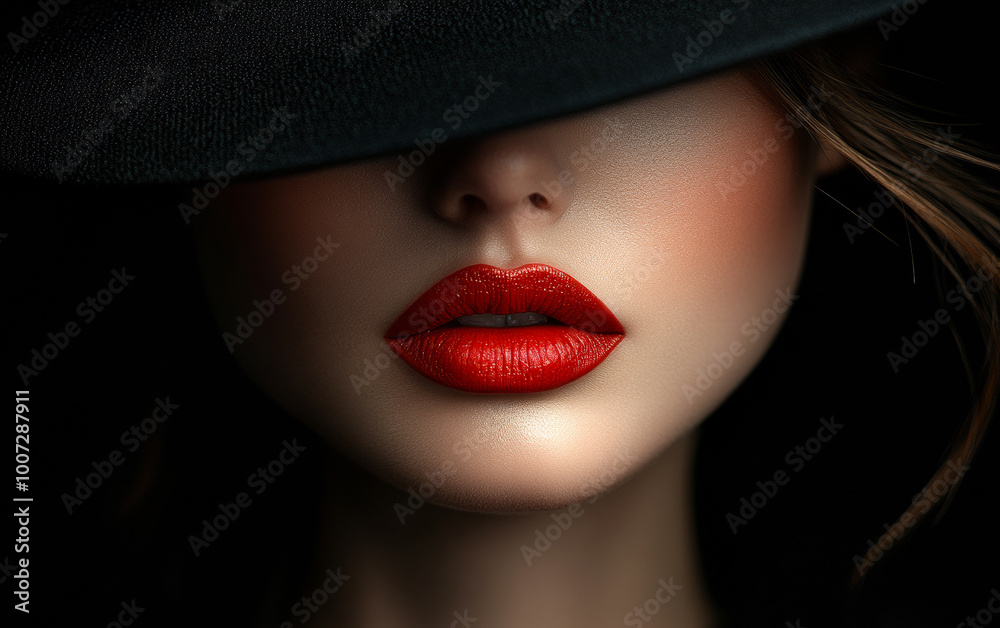 A woman with a bold red lipstick and a black hat is the main focus of the image. The hat is positioned above her face, partially covering her nose and mouth A woman with a bold red lipstick and a black hat is the main focus of the image. The hat is positioned above her face, partially covering her nose and mouth