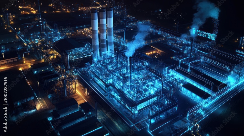 Fototapeta premium Industrial Complex Illuminated at Night
