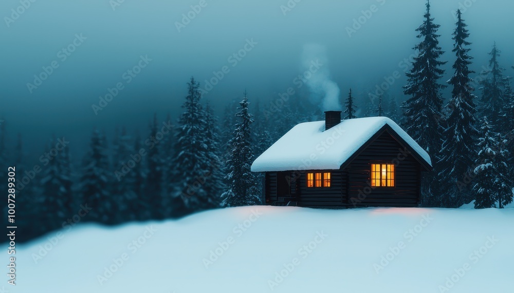 Snow-covered cabin in the woods, smoke rising from the chimney, surrounding trees laden with snow, deep depth of field capturing the forest, winter is coming Snow-covered cabin in the woods, smoke rising from the chimney, surrounding trees laden with snow, deep depth of field capturing the forest, winter is coming