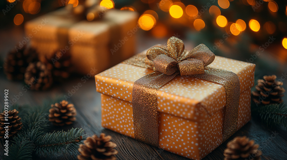 A gold and white box with a bow on top sits on a table with pine cones. The pine cones are scattered around the box, creating a festive and cozy atmosphere. Concept of warmth and joy A gold and white box with a bow on top sits on a table with pine cones. The pine cones are scattered around the box, creating a festive and cozy atmosphere. Concept of warmth and joy
