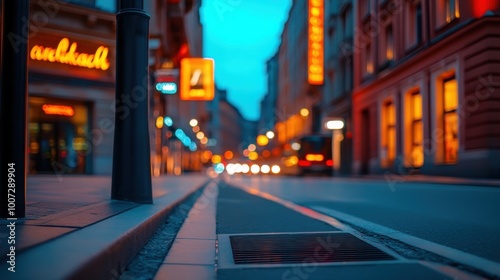 Urban Street at Dusk with Vibrant Neon Lights