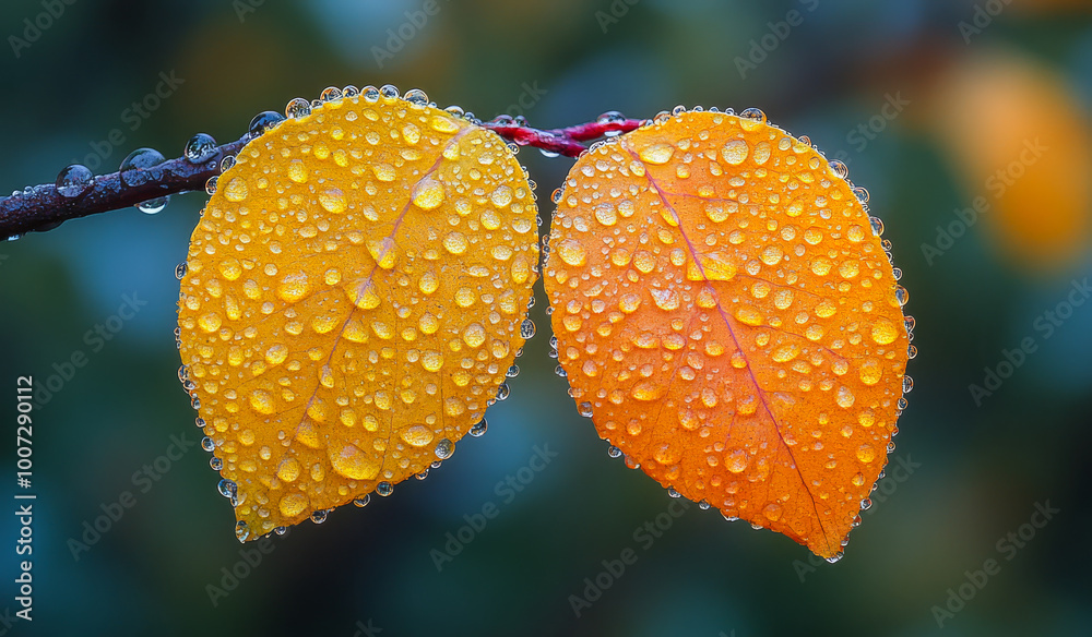Two leaves are dripping with water, one is yellow and the other is orange. The leaves are on a branch and the water droplets are creating a beautiful and serene atmosphere Two leaves are dripping with water, one is yellow and the other is orange. The leaves are on a branch and the water droplets are creating a beautiful and serene atmosphere