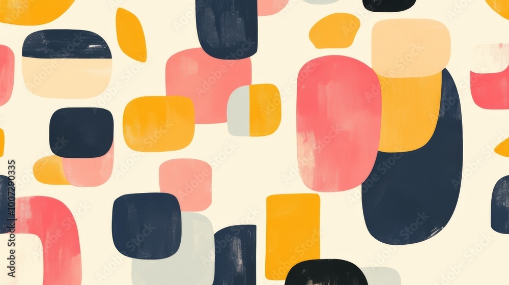 A seamless pattern featuring pastel pink, yellow, and navy blue shapes, harmonizing in soft hues. A seamless pattern featuring pastel pink, yellow, and navy blue shapes, harmonizing in soft hues.