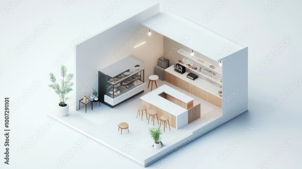 Isometric room minimal cafe store open inside interior architecture 3D rendering. Isometric room minimal cafe store open inside interior architecture 3D rendering.