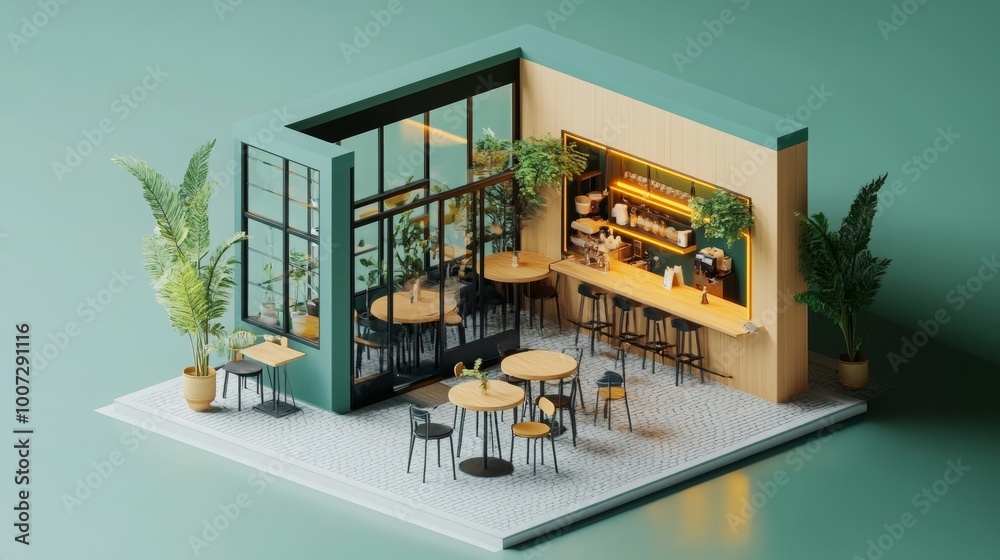 Obraz premium Isometric room minimal cafe store open inside interior architecture 3D rendering. 
