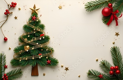 Christmas background with fir branches and decorations of musical notes. Copy space.