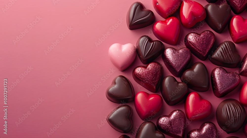 Assorted heart-shaped chocolates in pink, red, and dark brown on a pink background. Flat lay with copy space. Design for Valentine’s Day marketing, banners, and love-themed materials.