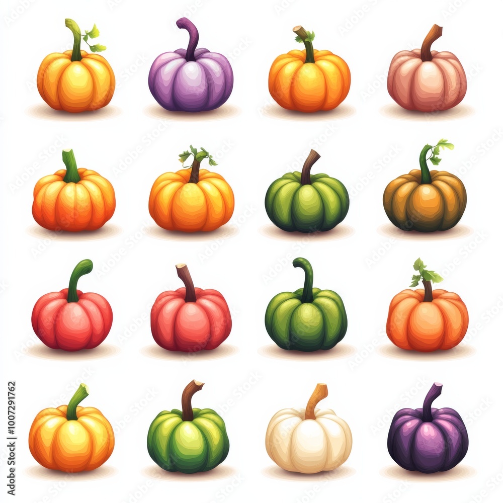 Vibrant Set of Colored Pumpkin Icons: A Playful Collection for Autumn and Halloween Themes. Vibrant Set of Colored Pumpkin Icons: A Playful Collection for Autumn and Halloween Themes.