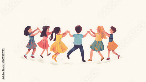 illustration, children dancing in a circle, different nationalities, artistic, minimalist background