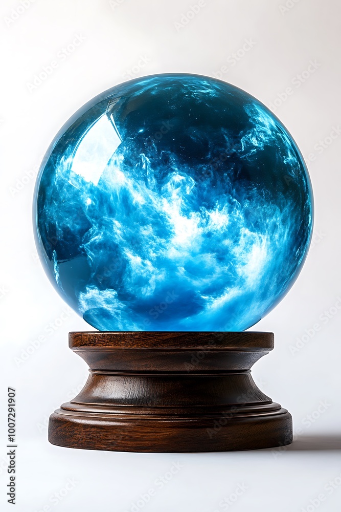 Blue Crystal Ball on Wooden Stand, Fortune Telling, Magic, Mystical, Fantasy Blue Crystal Ball on Wooden Stand, Fortune Telling, Magic, Mystical, Fantasy