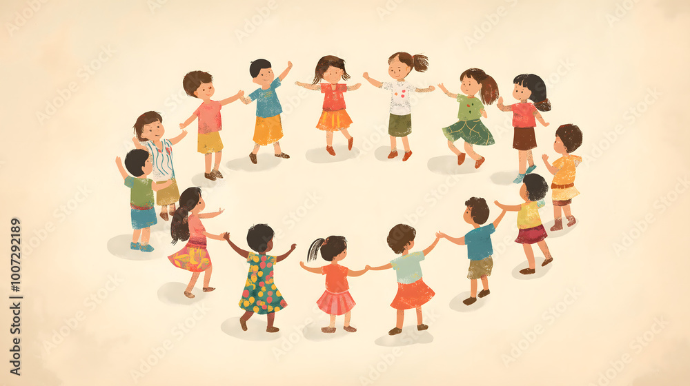Fototapeta premium illustration, children dancing in a circle, different nationalities, artistic, minimalist background