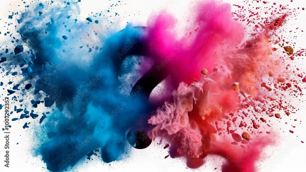 Blue and pink powder explode against a white background Blue and pink powder explode against a white background