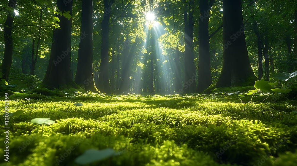 Sunbeams breaking through trees in a lush green forest Sunbeams breaking through trees in a lush green forest