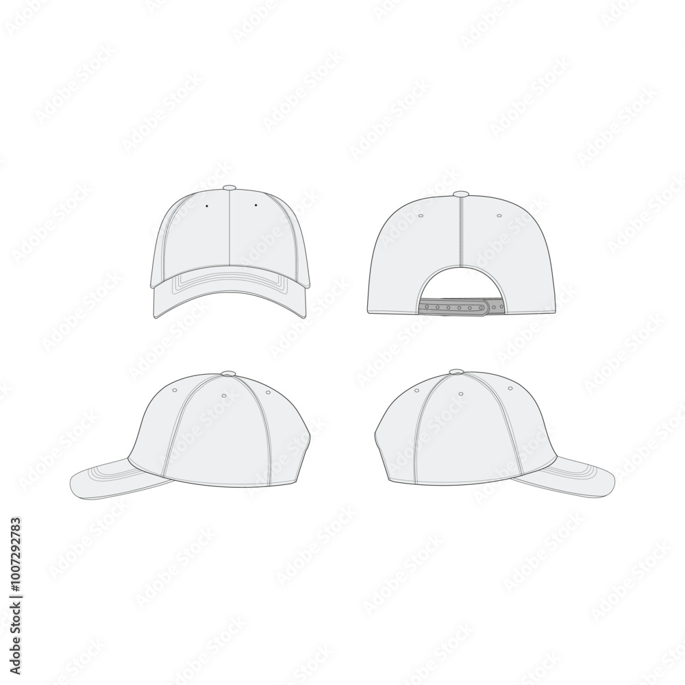 Baseball Cap Technical Drawing - Front, Back and Side View Flat Sketch of Baseball Cap Baseball Cap Technical Drawing - Front, Back and Side View Flat Sketch of Baseball Cap