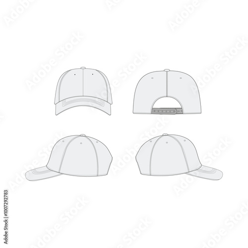  Baseball Cap Technical Drawing - Front, Back and Side View Flat Sketch of Baseball Cap