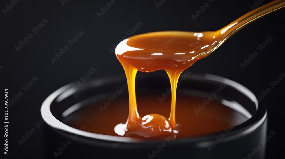 Caramel dripping from spoon over pot of caramel on black background Caramel dripping from spoon over pot of caramel on black background