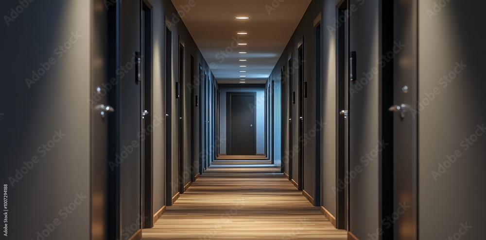 Fototapeta premium A long hallway with a grey door and a plant in a pot. Concept Hostel Dormitory, Bed Arrangement, Shared Housing, Accommodation Layout, Guest Lodging