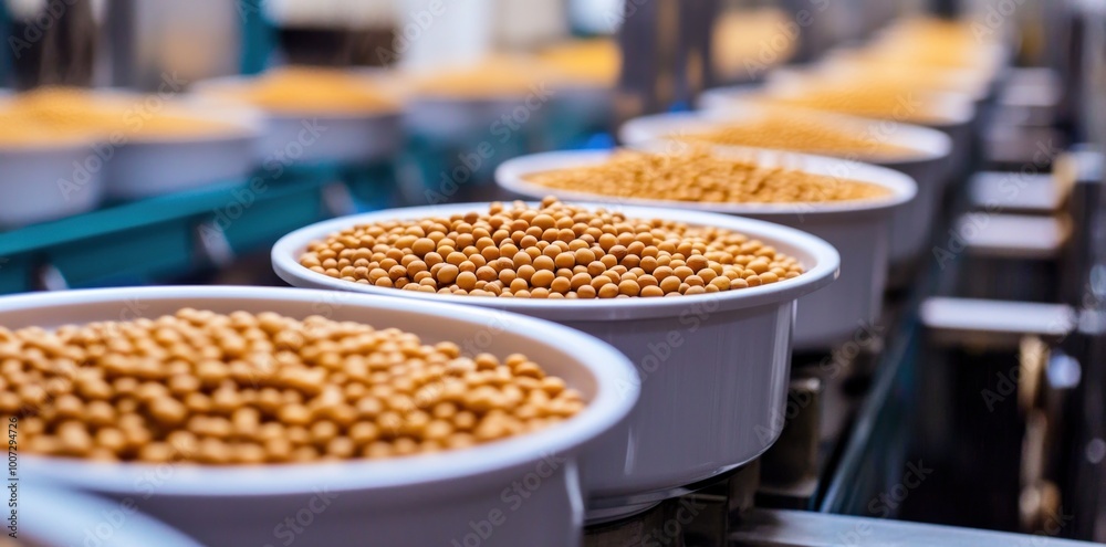 Conveyor belt in a factory showcasing the production of dry pet food pellets. Conveyor belt in a factory showcasing the production of dry pet food pellets.