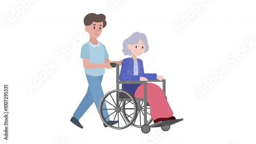 Looped 2D cartoon animation of a nurse or healthcare worker pushing an elderly woman in a wheelchair. medical support, hospital services, senior care, healthcare concepts. Luma matte and green screen.