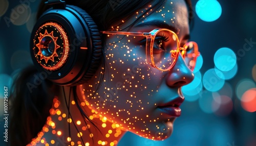 Les pixels de l’ordinateur s’étendent sur sa peau, son être se transformant en une entité mi-humaine, mi-digitale.