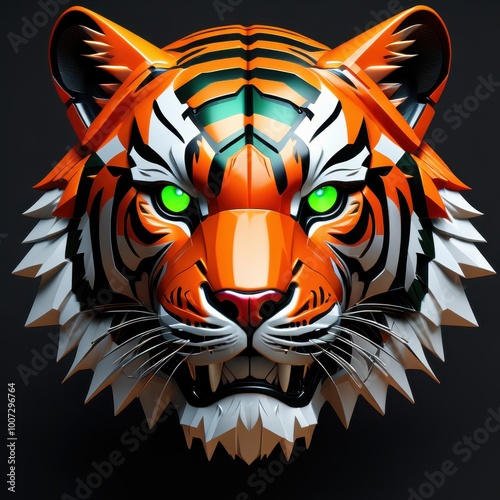 A stylized, vibrant tiger head sculpture with striking green eyes against a dark background. photo