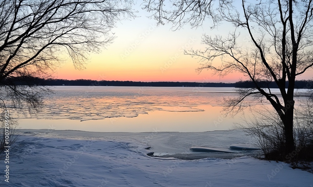 A serene frozen lake at dusk, the sky painted pink and orange, bare trees silhouetted against the horizon. A serene frozen lake at dusk, the sky painted pink and orange, bare trees silhouetted against the horizon.