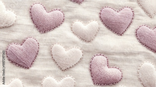 Cute fabric texture with pink and white embroidered hearts for crafts and decoration