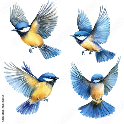 set of blue birds on white