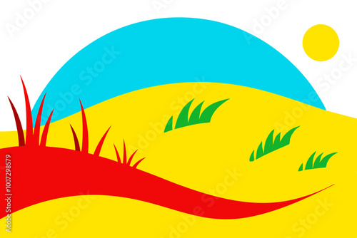 Captivating Vector Illustration of Sandy Dunes with Grass at Sunrise
