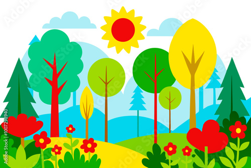 Bright and Colorful Vector Illustration Showcasing a Sunlit Clearing in a Dense Forest Filled with Life and Natural Beauty
