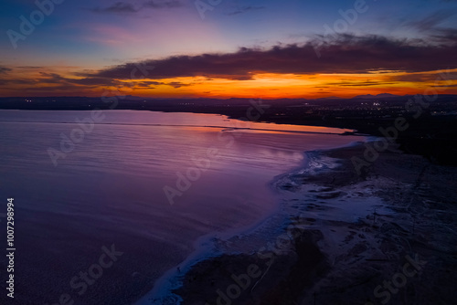 Aerial view of sunset in the salt flats of Torrevieja, Alicante province, Spain