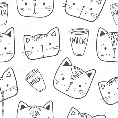 Seamless pattern with cats and milk. Creative childish texture. Great for fabric, textile Vector Illustration