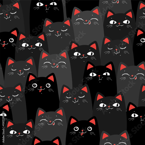 Black and grey Kawaii Cats. Cartoon seamless pattern. Vector EPS 10