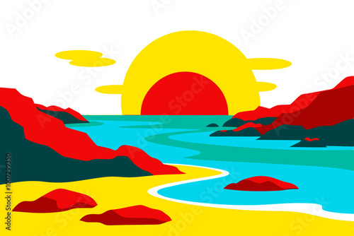 Vector Illustration of a Rugged Beach Featuring Dramatic Rocks and Vibrant Tide Pools
