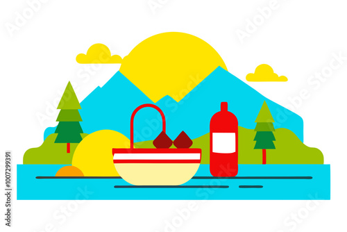 Wallpaper Mural Charming Vector Illustration of a Lakeside Picnic with Delicious Food and Scenic Views
 Torontodigital.ca