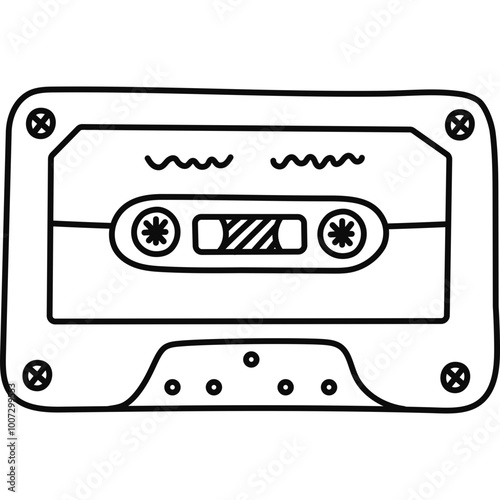 Cute doodle audio tape from Y2k aesthetic. Retro cassette, music mixtape as symbol of 90s and 00s. Hand drawn outline stereo device isolated on white background. Nostalgia for vintage and 1990s vibes.